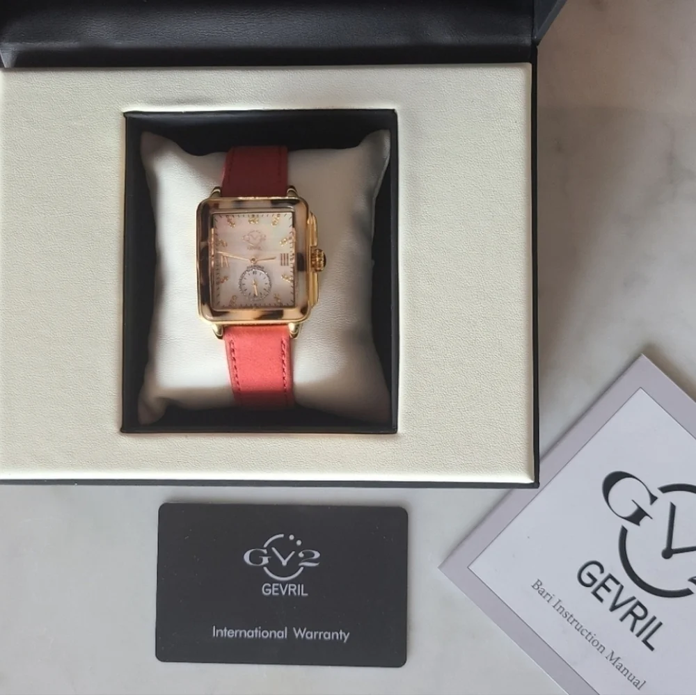 GV2 Gevril Bari Tortoise Diamond Watch, Red Suede Strap, NWT